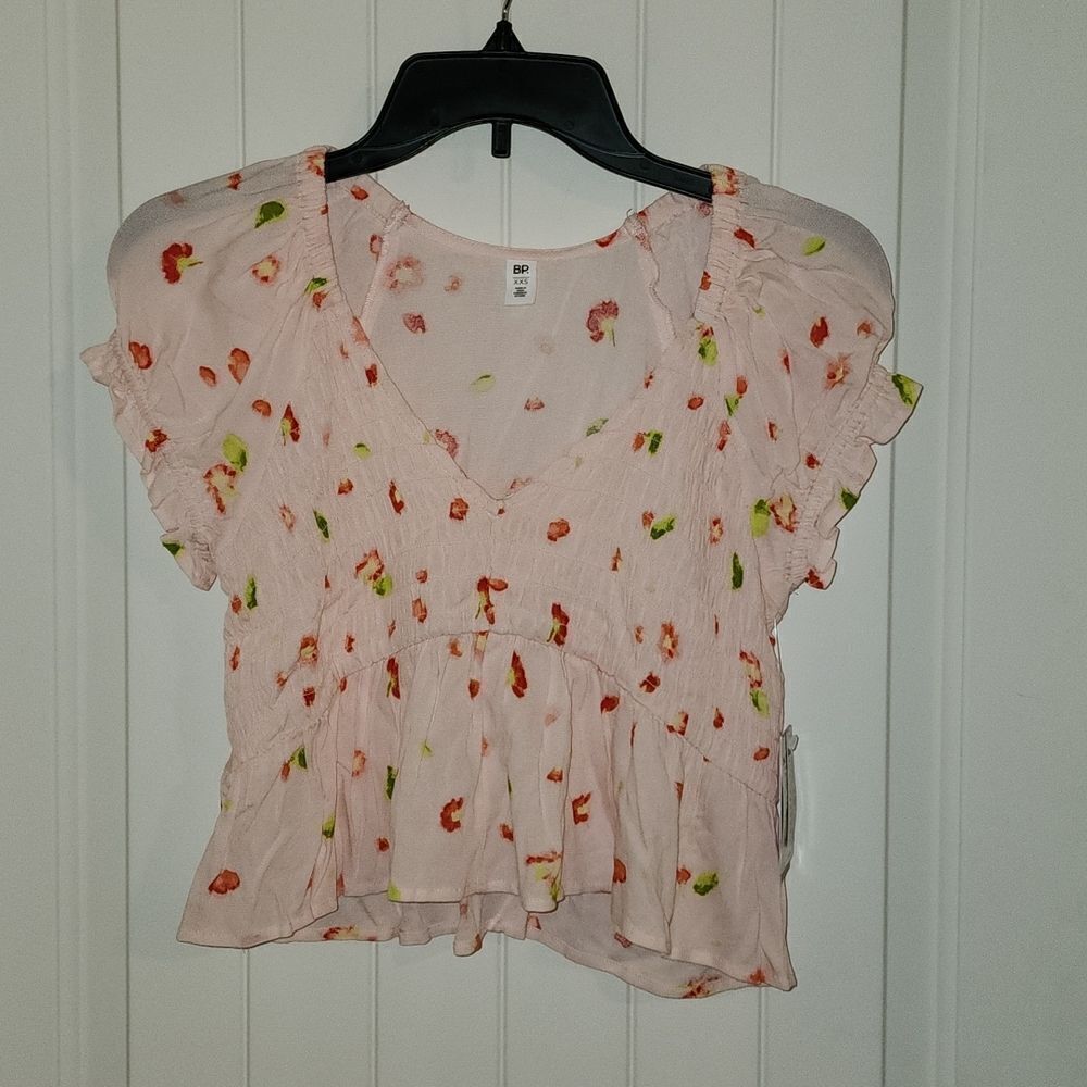 Bp Babydoll Shirred Crop Top In Pink-Red Petal Patter